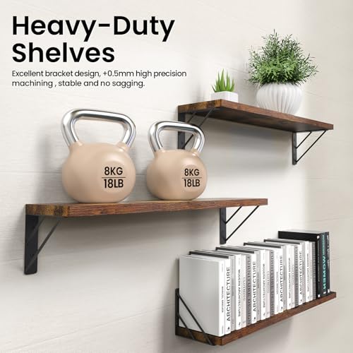 Image of BAYKA 23-in Floating Wall Shelves, Rustic Wood Wall Shelves for Bedroom, Bathroom, Kitchen & Living Room, Display Shelf for Books, Plants & Decor (Rustic Brown)