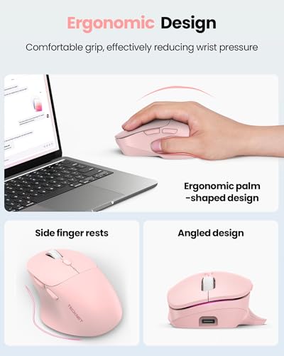 Image of TECKNET Wireless Mouse Bluetooth 5.0 /3.0 & 2.4G Rechargeable, Silent Clicks, Adjustable 4800 DPI, 6 Buttons, Ergonomic Design, Bluetooth Mouse for Laptop, Computer, ipad - Pink