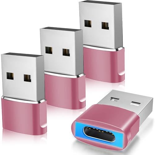 TiMOVO USB to USB C Adapter with LED Light, 4 Pack Type C Female to U-SB Male Adapter Charger, USB A to C Converter for iPhone 15/16 Pro Max Plus, AirPods, iWatch, iPad, Galaxy, CarPlay, Pink