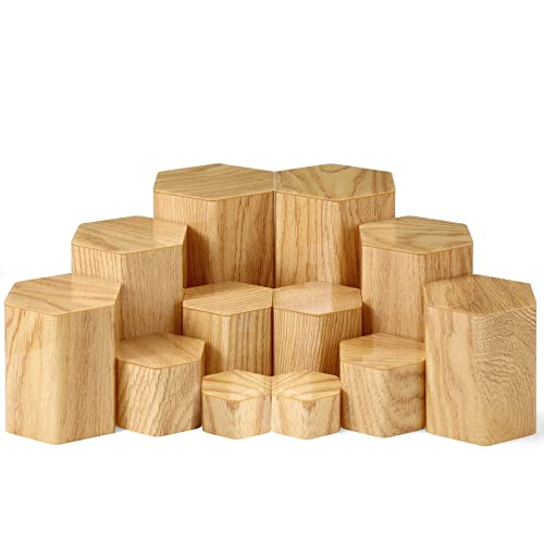 Image of Jetec 12 Pcs Hexagonal Jewelry Display Risers Hexagonal Market Display Risers Stands Acrylic Showcase Acrylic Stand for Jewelry Model Figures Decoration, 6 Sizes (Woodgrain)