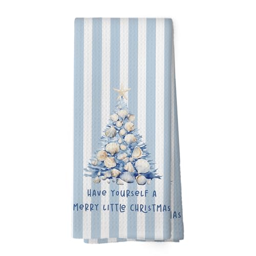 Mcehtle Blue Coastal Beach Christmas Tree Kitchen Towels, Coastal Beach Christmas Decor Hand Towel for Bathroom Kitchen Decor, Xmas Seashell Tree Decorative Tea Towels Dish Towel 16x24 Inch