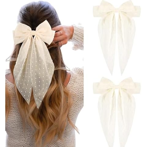 2PCS Large Hair Bows Ribbon Hair Clips, Double Layers Big Bow Hair Clip With Long Tail Ribbon Bowknot Hair Barrettes, Ponytail Holder Hair Accessories for Women Girls (Beige) Cover