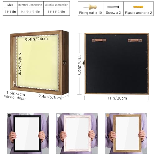 Image of TJ.MOREE Shadow Box 11x11 Memory Display Case Wood Picture Frame Carbonized | Fits 9.4x9.4Inserts with Linen Back & Glass, Rustic Keepsake Box for Pet Memorabilia Gifts Wedding Bouquet Military Medals