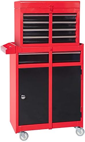 Torin ATBT1204B-RB Rolling Garage Workshop Organizer: Detachable 4 Drawer Tool Chest with Large Storage Cabinet and Adjustable Shelf, 10.98" D x 20.31" W x 40.4" H, Red/Black