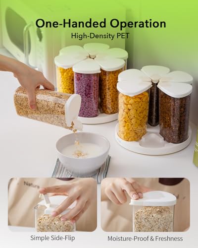 Image of Ankou Rotating Food Storage Containers Set of 6, 23oz (690ml) Clear PET Jars with Dual Pour Lids, 360 Lazy Susan Pantry Organizer for Snacks, Cereal, Nuts, Oats & Dry Foods, Kitchen Grain Dispenser