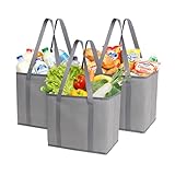DOUKE Reusable Grocery Tote Bags, 3-Pack Heavy Duty Reusable Shopping Bags with Long Handles, Large Box Shape Tote Bags to Stand Up, Stay Open, Fold Flat (Gray)
