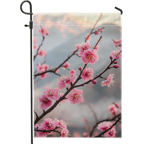 Bandera de jardín de flores de primavera, flor de cerezo melocotón, decoración del hogar, bandera de arpillera de doble cara, decoración de césped al aire libre, diseño floral para celebración de