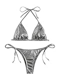 GORGLITTER Women's Metallic Triangle Bikini Top Halter Tie Side Swimsuit Set 2 Piece Bathing Suits Silver X-Large