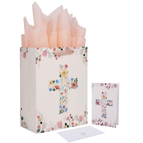Qirrmiy 13" Large Light Yellow Floral Gift Bag Set with Greeting Card and Tissue Papers for First Communions, Baby Girl Baptisms, Christenings, Religious Occasions - 10.2'x5.2'x13', 1 Pcs.