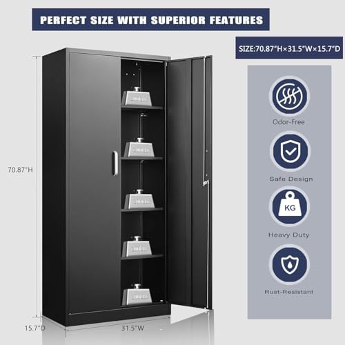 Guizeeopo Metal Storage Cabinet with Adjustable Shelves, Garage Storage Cabinets with Doors and Shelves, File Cabinets for Home Office, Kitchen Pantry Cabinet, 71'H, Black - Image 4