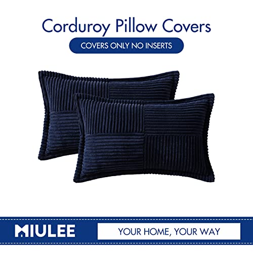 Image of MIULEE Decorative Lumbar Throw Pillow Covers for Couch Bed Livingroom 12x20 Inch Set of 2 Navy Blue Boho Accent Throw Pllows Broadside Striped Patchwork Soft Corduroy Summer Coastal Pillowcases