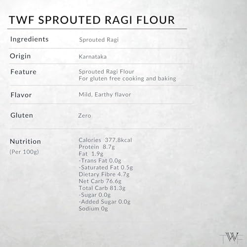 Image of TWF Sprouted Ragi Atta | 500g | Finger Millet Flour (Nachni | Kelvaragu | Madua Atta | Stone-Ground & Not Pulverized | No Added Sugar or Salt | Protein-Rich & 100% Gluten-Free | Ideal for Roti, Daliya, Porridge | Karnataka Sourced | No Chemicals