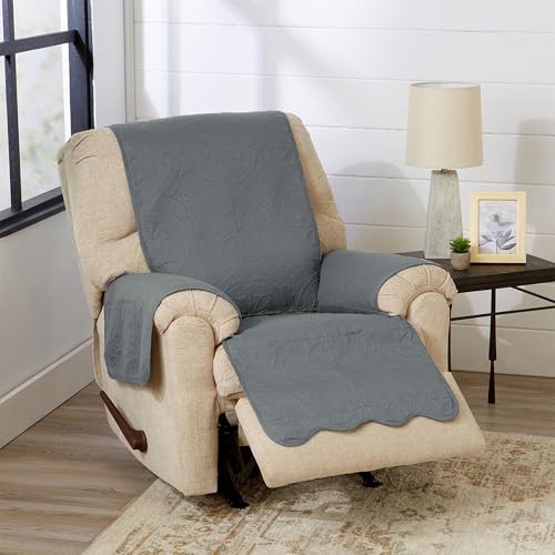 Image of Great Bay Home Reversible Recliner Cover - Washable Slipcover Furniture Protector with Elastic Straps - Perfect for Kids & Pets - Quilted & Stitched Detail (Mirage Gray /Flax)