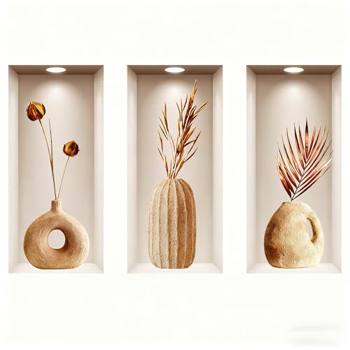 3 Pcs 3D Wall Art Bathroom Wall Stickers Living Room 23x50cm Kitchen Wall Stickers Realistic Vase Bathroom Stickers for Living Room Bedroom Kitchen Office Decor