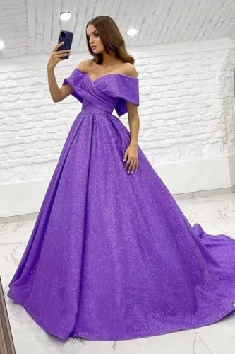 Off Shoulder Prom Dresses for Women Ball Gown Long Pleated Sparkly Formal Evening Dress with Pockets4
