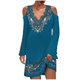 TTJZ Robe Femmes Moelleux Dress Au Genou Polyester Mode Robes Madame Lousse Manche Longues Imprimé aztèque Col en V Profond Automne Club 01-Bleu Ciel L