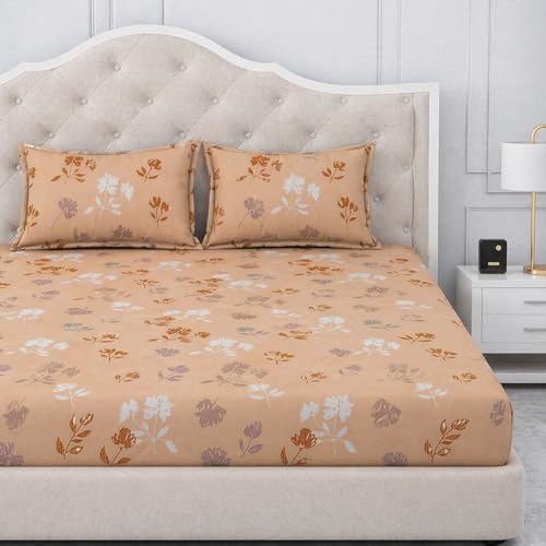 Image of 300 TC Cotton Feel Glace Cotton Elastic Fitted Bedsheet for King Size Double Bed | Fits up to 8 Inch Mattress | Printed Bedsheet with 2 Pillow Covers (Honey Blossom, Double Size - 72 inchx72 inch)