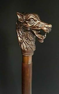 Aiysa Collection Handmade Walking Stick Wolf Head Copper Antique Metal Handle Wooden Vintage Cane, Brown, 36 inch