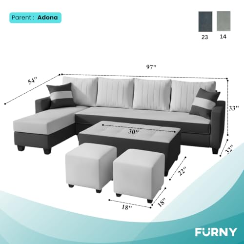 Image of FURNY Avenue 8 Seater Fabric LHS L Shape Sofa Set with 1 Centre Table & 2 Puffy (Light Grey-Dark Grey) Premium Velvet Finish