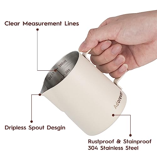 Image of Milk Frothing Pitcher, 350ml /12oz Steaming Pitchers Stainless Steel Milk Coffee Cappuccino Latte Art Barista Steam Pitchers Milk Jug Cup with Decorating Art Pen, Matte White