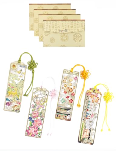 4 Pieces Metal Bookmark (Peony, Ten Symbols of Longevity, Nadeul, Plum Blossom) + 4 Envelopes -...