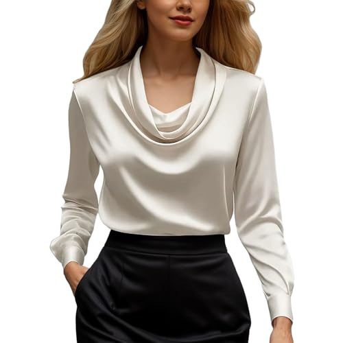 Generisch Elegante blusa de manga larga con cuello drapeado para trajes atemporales e informales con caída fluida y diseño moderno y minimalista., beige, XXL