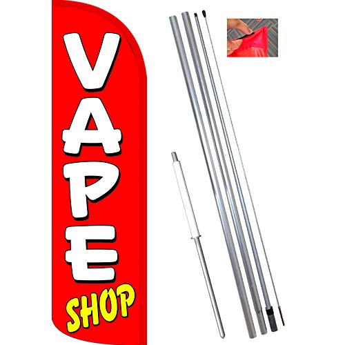 Cufsdo Vape Shop (Red/White) Windless Feather Flag Bundle (11.5' Tall Flag, 15' Tall Flagpole, Ground Mount Stake) 841098163204+
