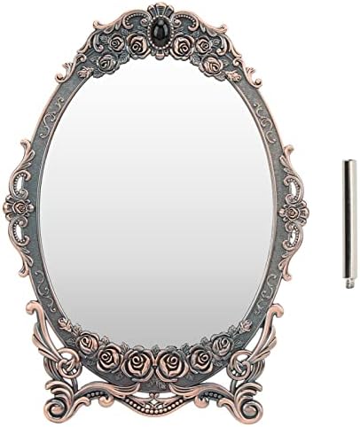 Espejo cosmético vintage con soporte, 11 x 7.9 pulgadas, espejo ovalado antiguo en relieve rosa para el hogar, dormitorio, tocador, sala de estar,