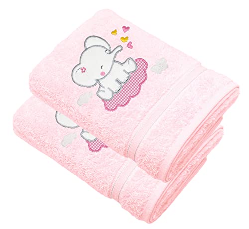 Lashuma Juego de toallas de baño para bebé, 50 x 90 cm, 2 toallas de baño para niños, color rosa, para niñas, bordados: elefante