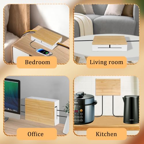 DBREAKS Kabelmanagement Box, Kabelbox aus Holz, Kabel-Organisationsbox mit magnetischem Bambus-Deckel und Kabelbindern, Wandmontierbare Kabelbox, Kabelkasten für Cable Organizer (Weiß)