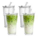 4er Set Geriffelte Trinkgläser 550ml mit Deckel inkl. Glashalme und Reinigungsbürste - Elegante...