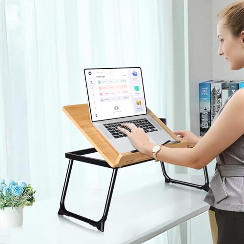 wishacc Book Stand for Reading in Bed, Bamboo Laptop Stand Adjustable Book Holder Tray with Page Paper Clips Multi Angles Adjustable Cooking Bookstands for Textbook Recipe Magazine Tablet Portable - Thumbnail 3