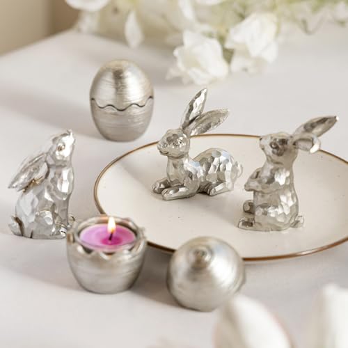 Easter Decorations for Home-3pcs Bunny Figurines & 2pcs Easter Eggs & 2pcs Tealights, Modern Rabbit Decor for Spring Home Decor, Vintage Resin Bunnies for Table Centerpieces Mantel Decorations