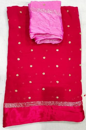 Image of Pure Georgette Sequence Work Saree with Contrast Blouse, Satan Patta Fabric