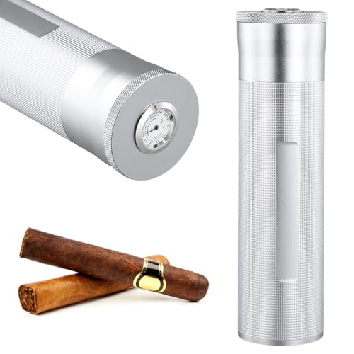 Dokeno Humidor de Acero Inoxidable para cigarros, Caja de Regalo Humidificadores de Tarro de cigarros, Tubo de Viaje Plateado para 3 a 4 Puros, Regalo para Amantes de los Puros