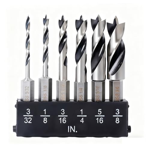 POPTOOL Brad Point Stubby Wood Drill Bit Set, 6-Piece Tri-tip Drill Bits, Size 3/32'' to 3/8'', for Carpentry, Woodworking, and All Types of Wood