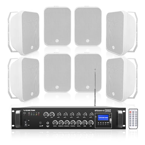 Sound Town Commercial Restaurant Bluetooth Amplifier + Surface-Mount Speaker Set, with One 6-Zone 70V/100V Amplifier with Bluetooth, 8 x 6.5-Inch Surface-Mount Speakers, White (STCA360X8MS6W)