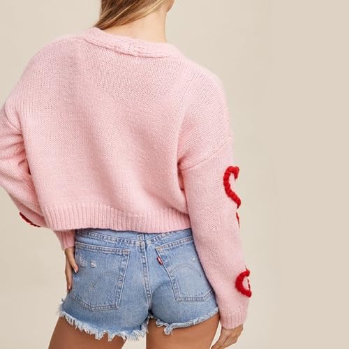 Image of Valentine's Day Cardigan Sweaters for Women Love Heart Print Button Down Cropped Cardigans Y2K Open Front Knit Sweater