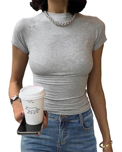 Abardsion Women's Casual Basic Knit Ribbed Tees 2024 Slim Raglan Sleeve Crewneck T Shirts Tops