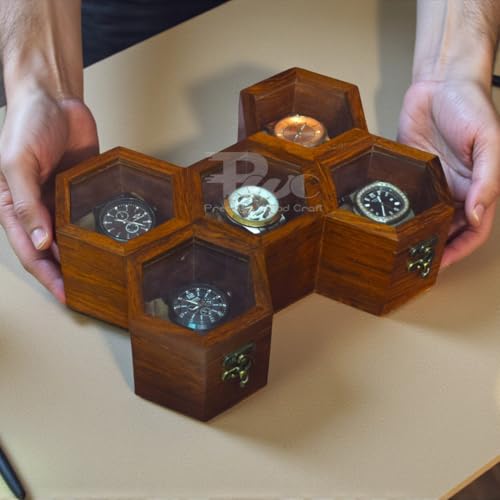 Image of Wooden Watch Box With Honeycomb Design, 5 Compartment Dustproof Storage Case, Handmade Gift Box For Men & Women, Golden Brown Finish, Unique Luxury Watch Organizer