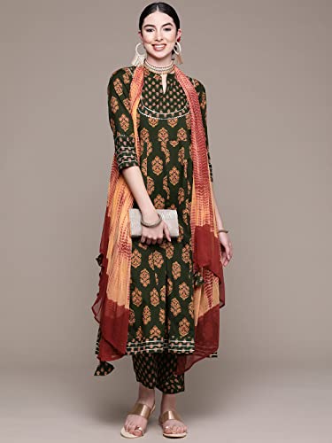 Image of anubhutee Women's Cotton Green Ethnic Motifs Printed Straight Kurta Suit Set With Palazzo And Dupatta