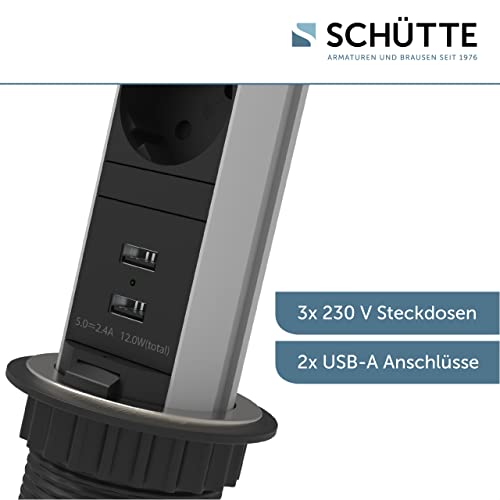 Versenkbare Steckdose Schütte 3073 mit USB-Anschlüssen und Edelstahlgehäuse