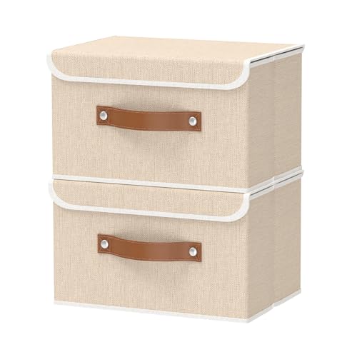 OUTBROS Set de 2 Boîtes de Rangement, 33x23x20 cm Panier avec Couvercle, Boîte en Tissu Pliable, Panier de Rangement Pour Vêtements, Beige