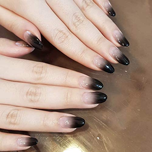 Sethexy Glossy Fake Nails Chic Gradient Oval Ins Style Full Cover Acrylic 24Pcs Wedding Short False Nails for Women and Girls (Black)