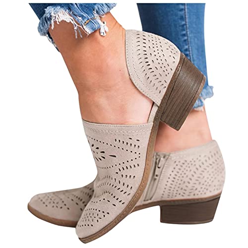 Gibobby Ankle Booties for Women V Cut,Chelsea Boots Slip on Ankle Boots Chunky Pointed Toe Cutout Low Heel Shoes