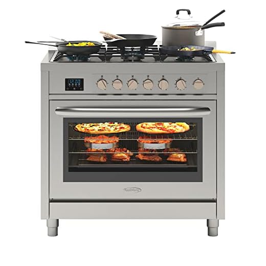 KoolMore KM-FR36GL-SS 36” Inch Professional Gas Range Stove with 5 Burner Cooktop, Rapid Convection Oven, and Digital Timer with Heavy-Duty Cast Iron Grates, Stainless-Steel Appliance, 36 Inch, Silver