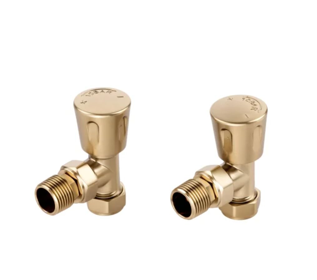 ECO Brushed Brass Angled Manual Radiator Valves | Brushed Brass Finish | Manual Radiator Control Valves | Pair of Valves |