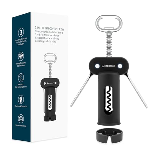 KITCHENDAO 3 in 1 Wing Corkscrew Wine Bottle Opener with Foil Cutter, Built-in Beer Bottle Opener, Multifunctional Wine Opener with Non-Stick Sharp Screw, Easy to Use, Manual Wine Corkscrew, Black