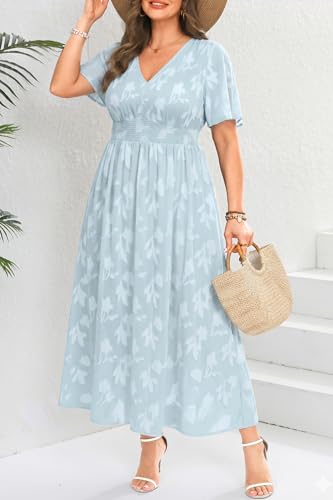 Image of Pinup Fashion Plus Size Wedding Guest Chiffon Semi Formal Maxi Dress | Chiffon, V-neckline, short sleeves, shirred waist, textured floral pattern, maxi length, versatile for all seasons