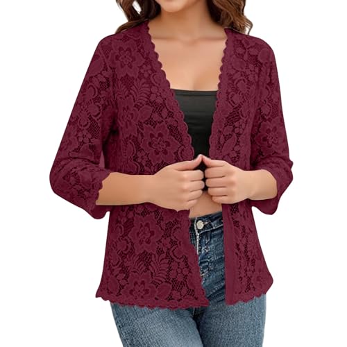 Womens Cardigans 3/4 Length Sleeve Lightweight Lace Open Front Cardigan Fall Casual Loose Fashion Tops Outifits